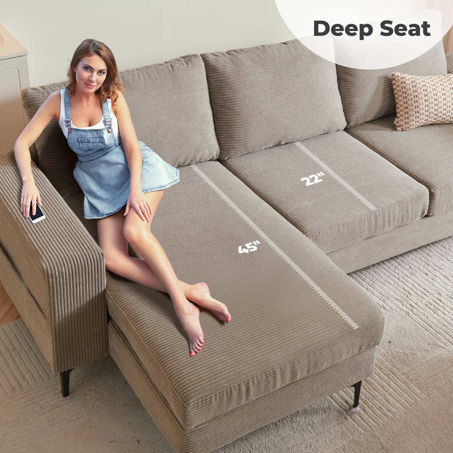 97"  Modern Corduroy L Shaped Couch