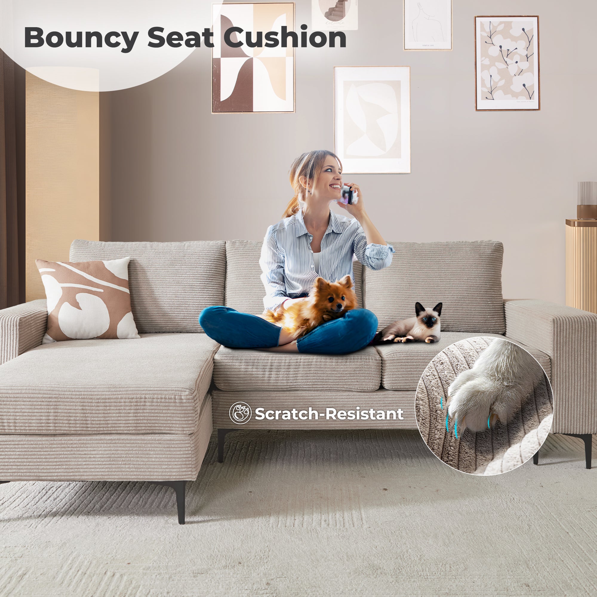 97"  Modern Corduroy L Shaped Couch