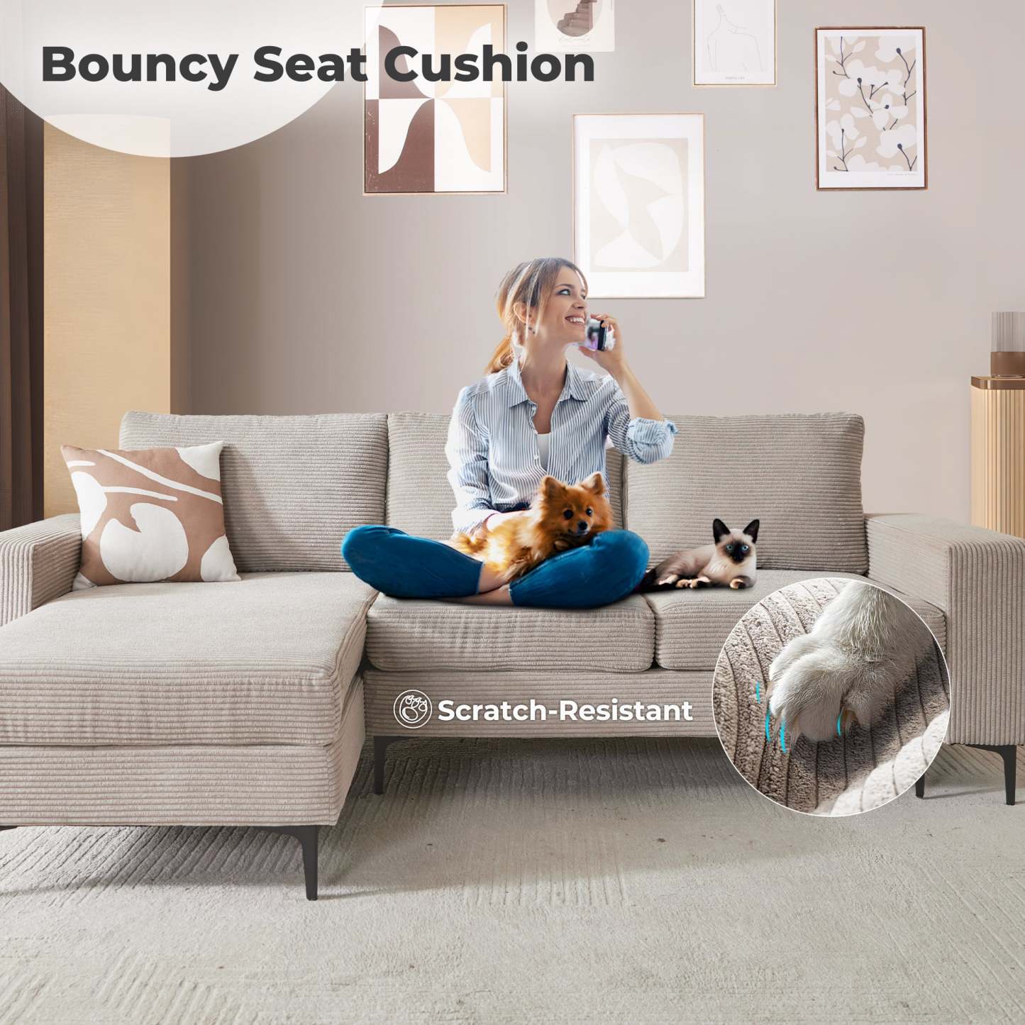 97"  Modern Corduroy L Shaped Couch