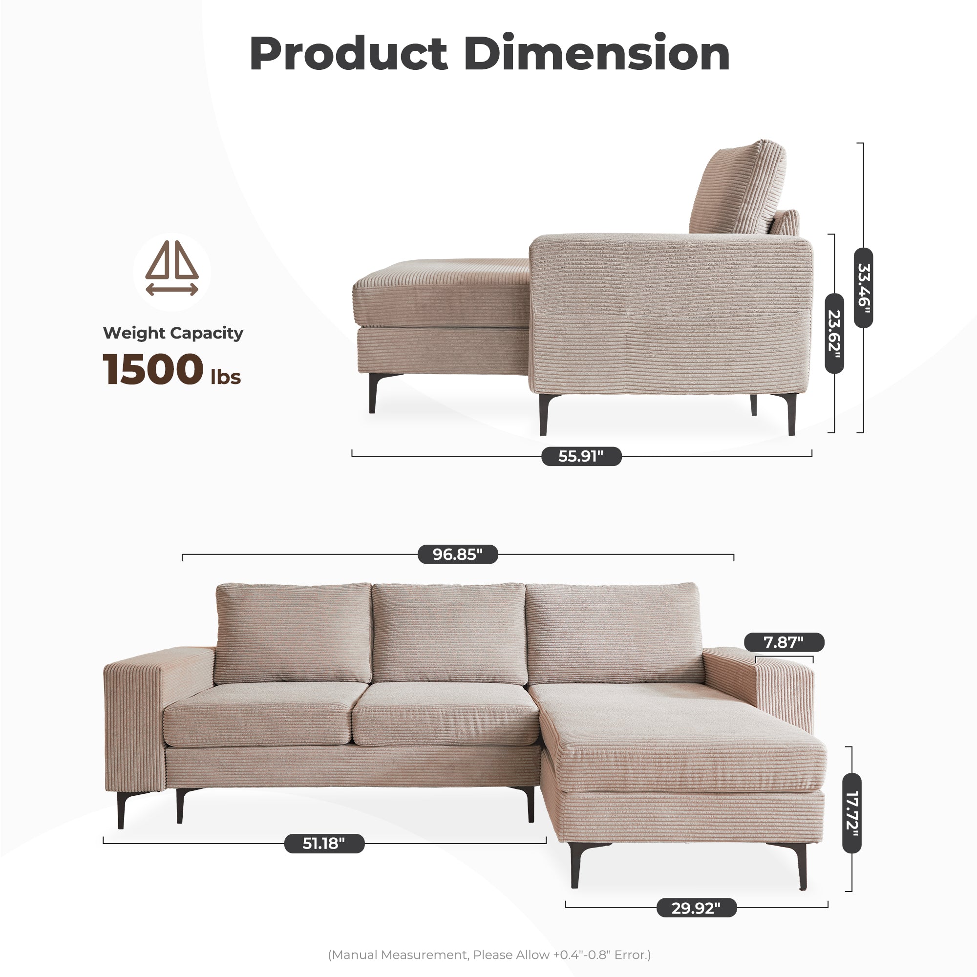 97"  Modern Corduroy L Shaped Couch