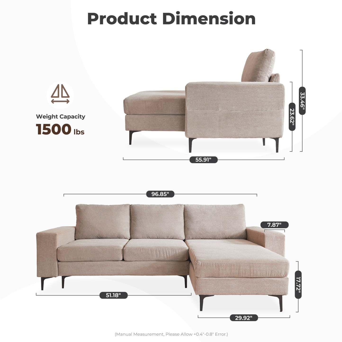 97"  Modern Corduroy L Shaped Couch
