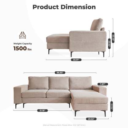 97"  Modern Corduroy L Shaped Couch
