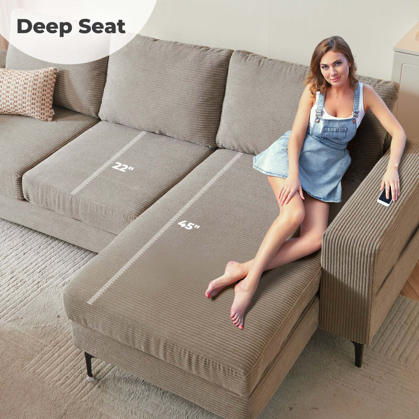97"  Modern Corduroy L Shaped Couch