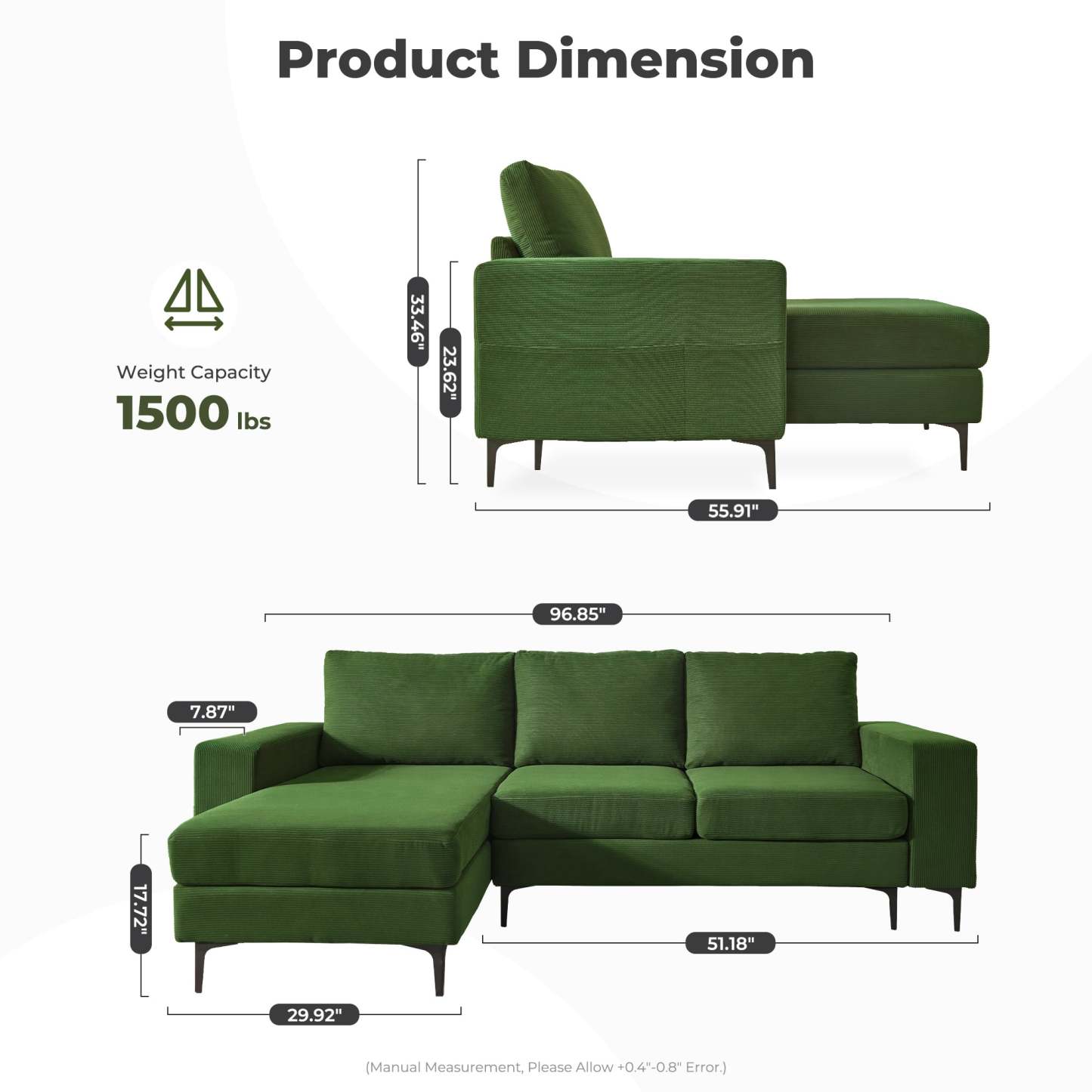 97"  Modern Corduroy L Shaped Couch