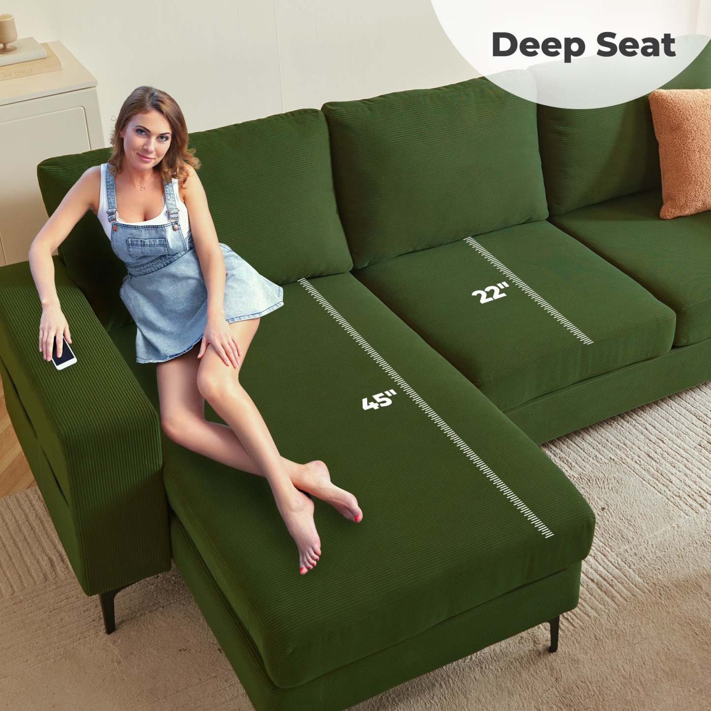 97"  Modern Corduroy L Shaped Couch