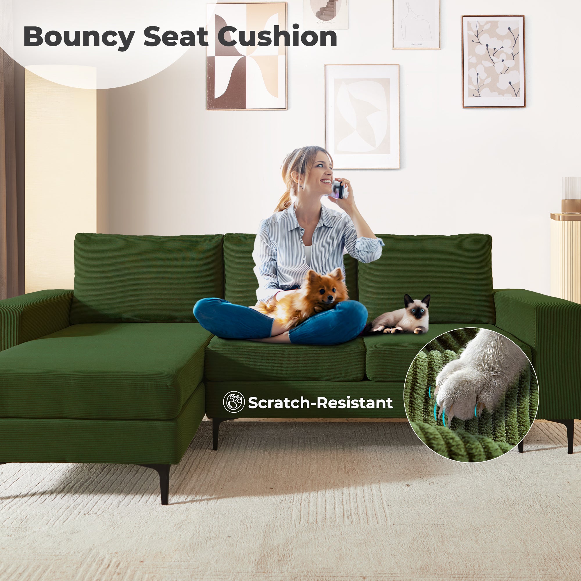97"  Modern Corduroy L Shaped Couch