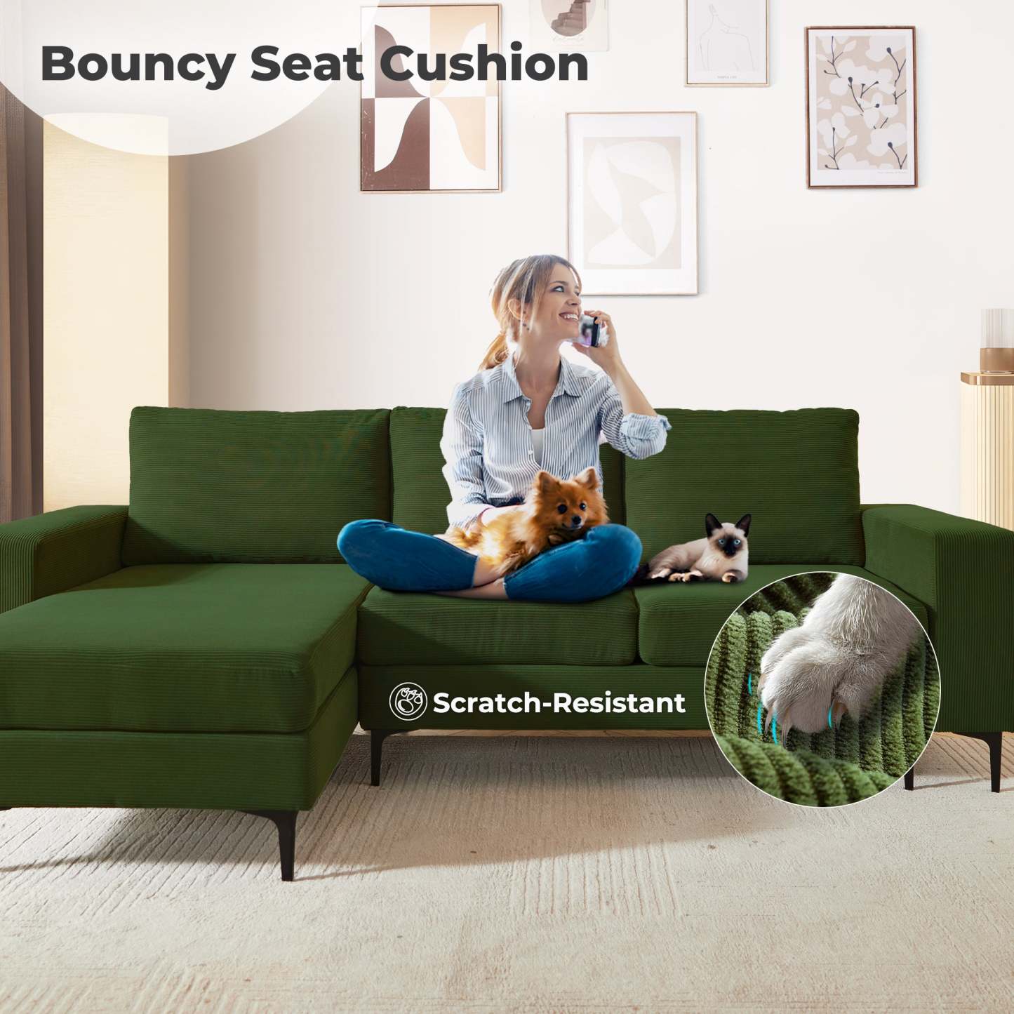 97"  Modern Corduroy L Shaped Couch