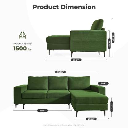 97"  Modern Corduroy L Shaped Couch