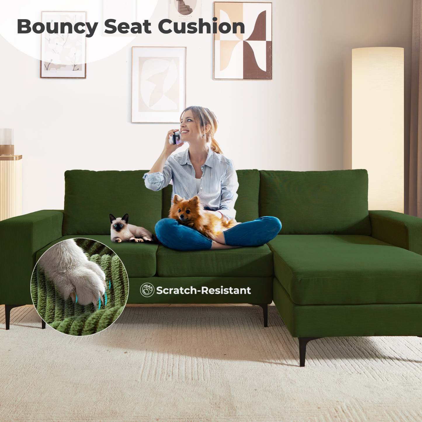 97"  Modern Corduroy L Shaped Couch
