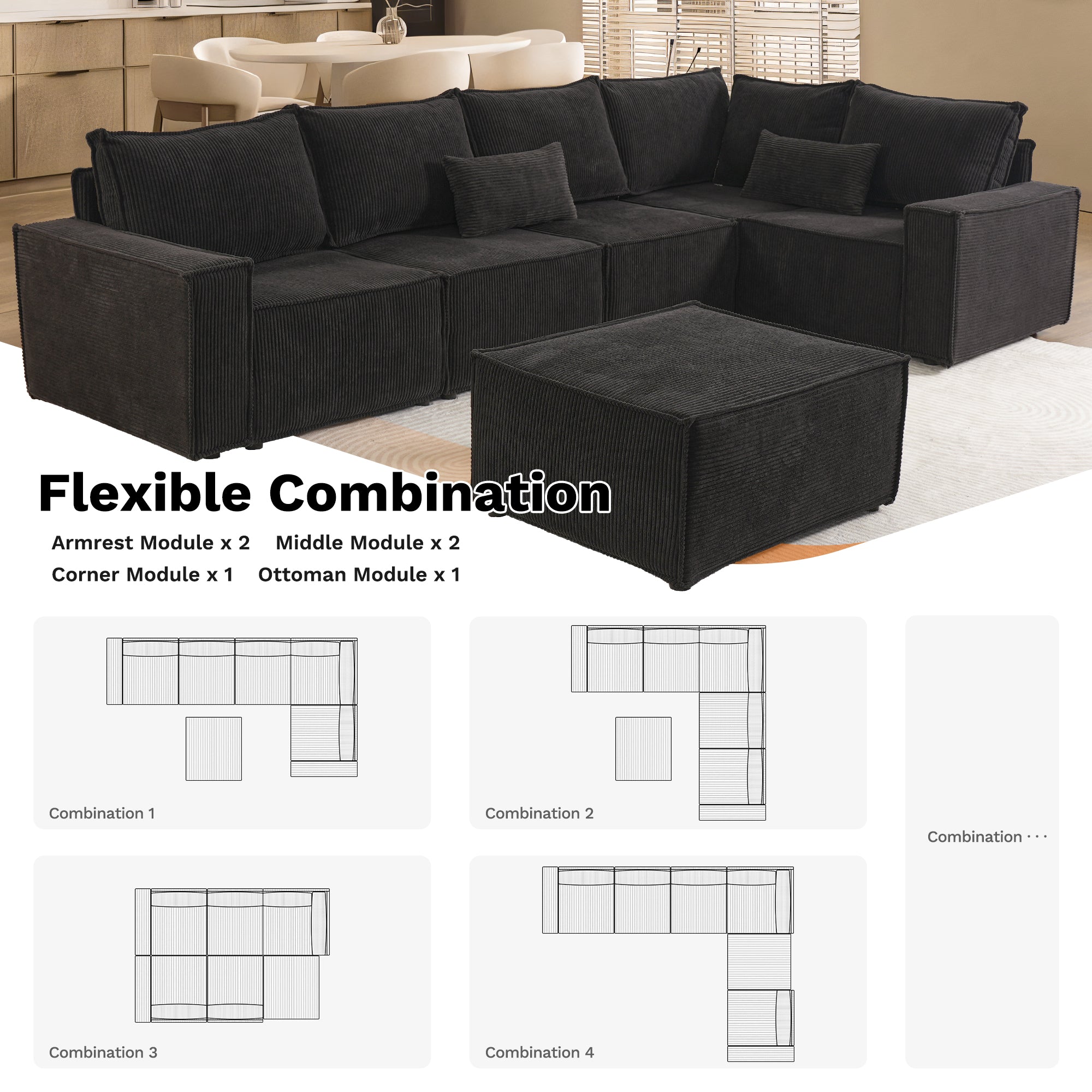 Living Room Modular Couch 6-Pieces Set, 2.5 Wale Corduroy Fabric