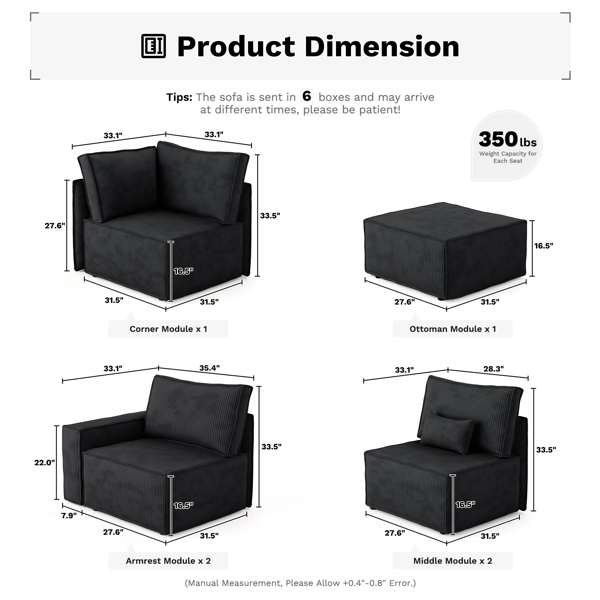 Living Room Modular Couch 6-Pieces Set, 2.5 Wale Corduroy Fabric