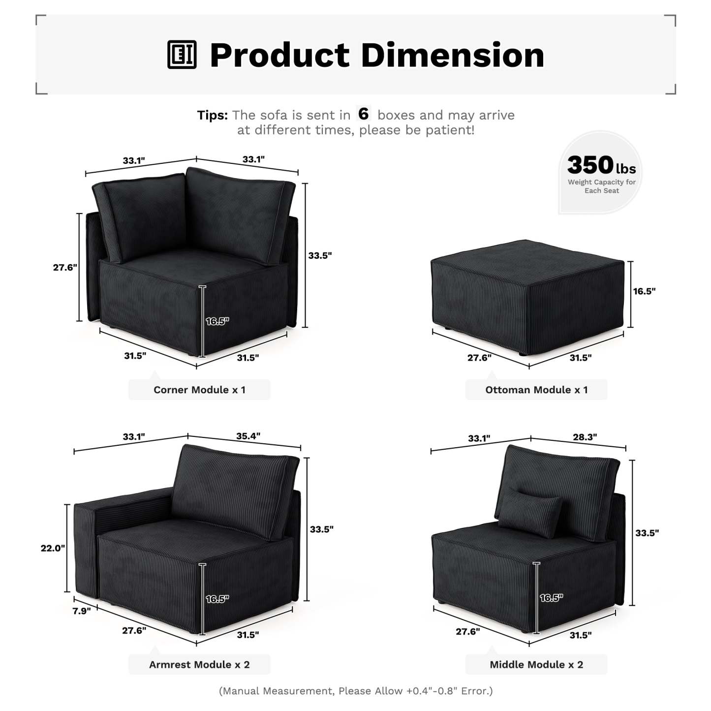 Living Room Modular Couch 6-Pieces Set, 2.5 Wale Corduroy Fabric
