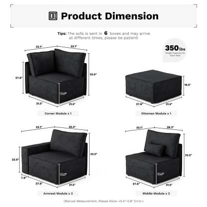 Living Room Modular Couch 6-Pieces Set, 2.5 Wale Corduroy Fabric
