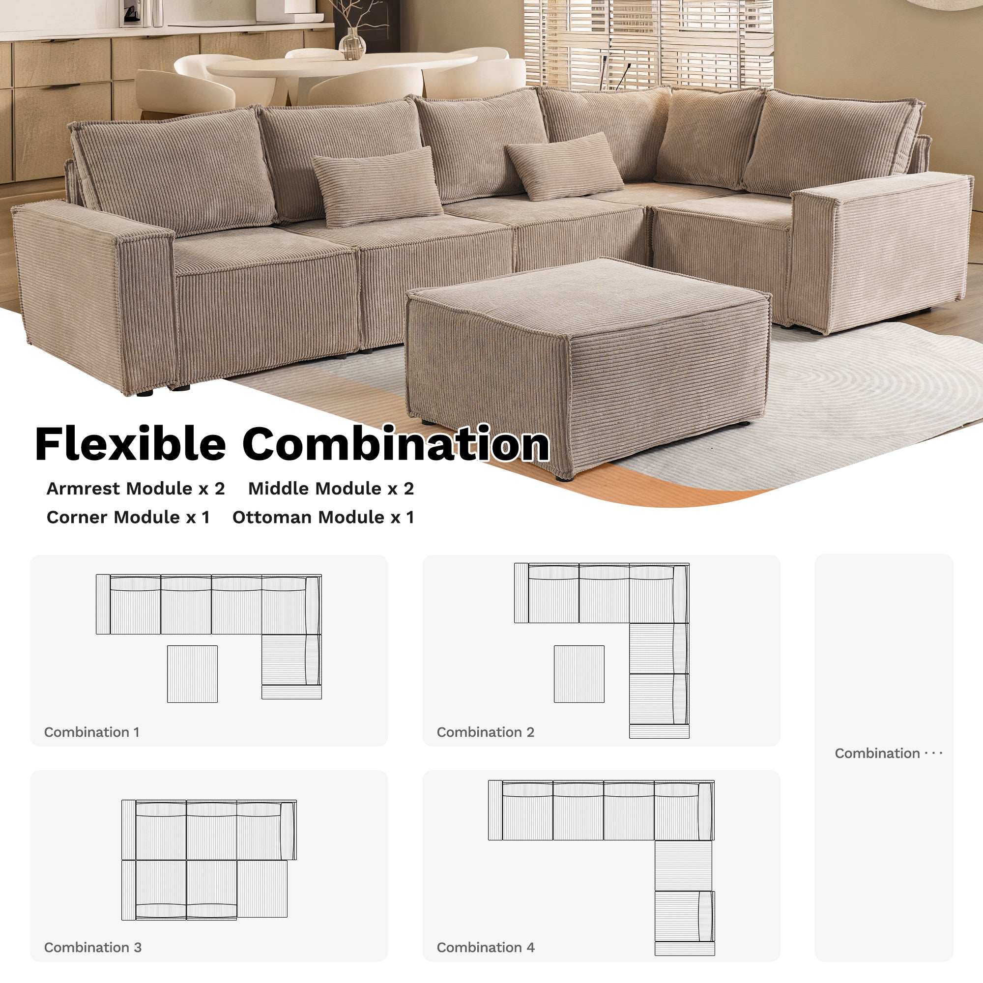 Living Room Modular Couch 6-Pieces Set, 2.5 Wale Corduroy Fabric