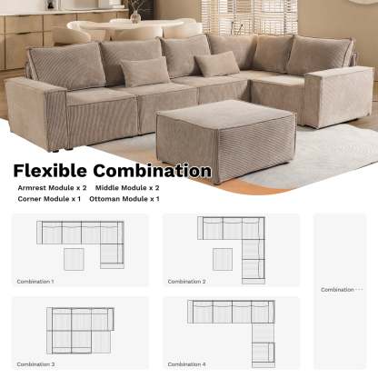 Living Room Modular Couch 6-Pieces Set, 2.5 Wale Corduroy Fabric