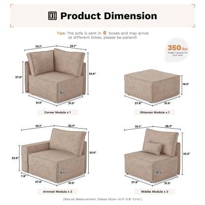 Living Room Modular Couch 6-Pieces Set, 2.5 Wale Corduroy Fabric