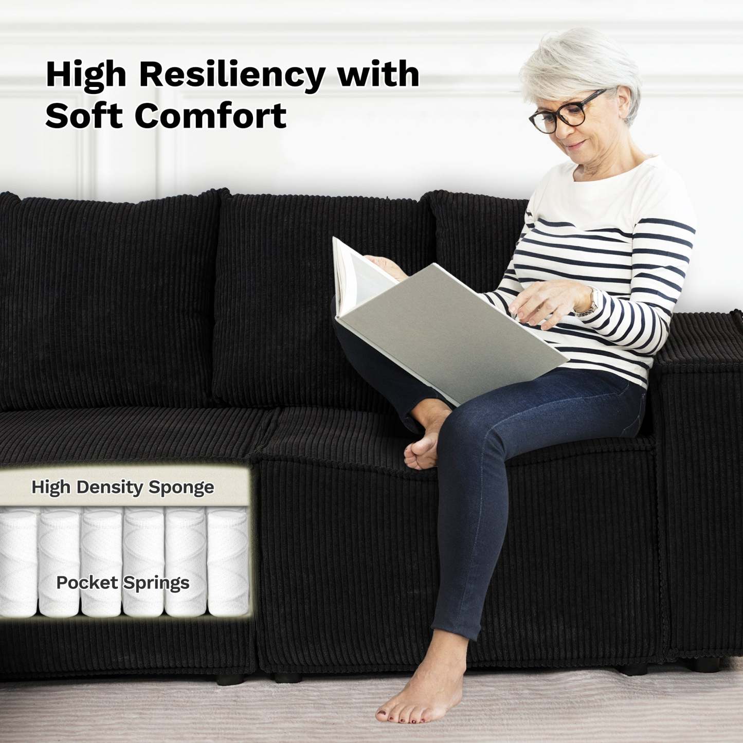 Living Room Modular Couch 6-Pieces Set, Wide Armrests