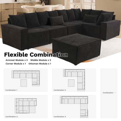 Living Room Modular Couch 6-Pieces Set, Wide Armrests