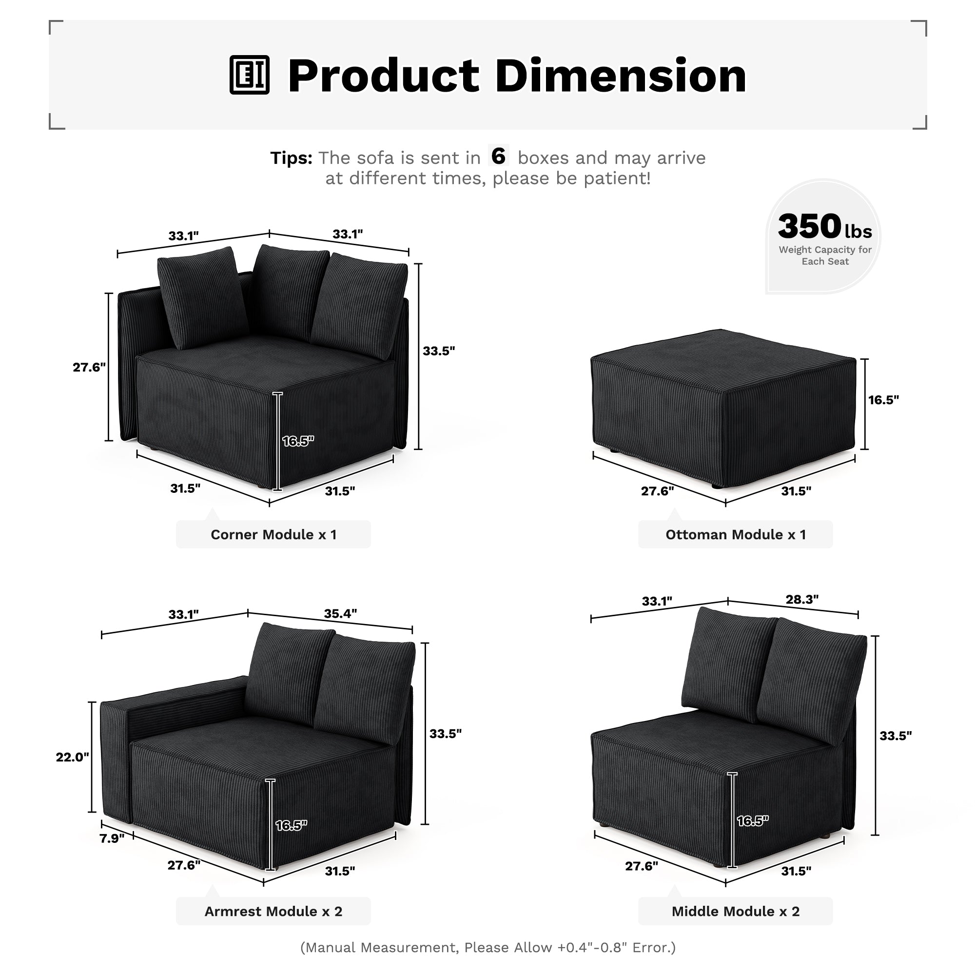 Living Room Modular Couch 6-Pieces Set, Wide Armrests
