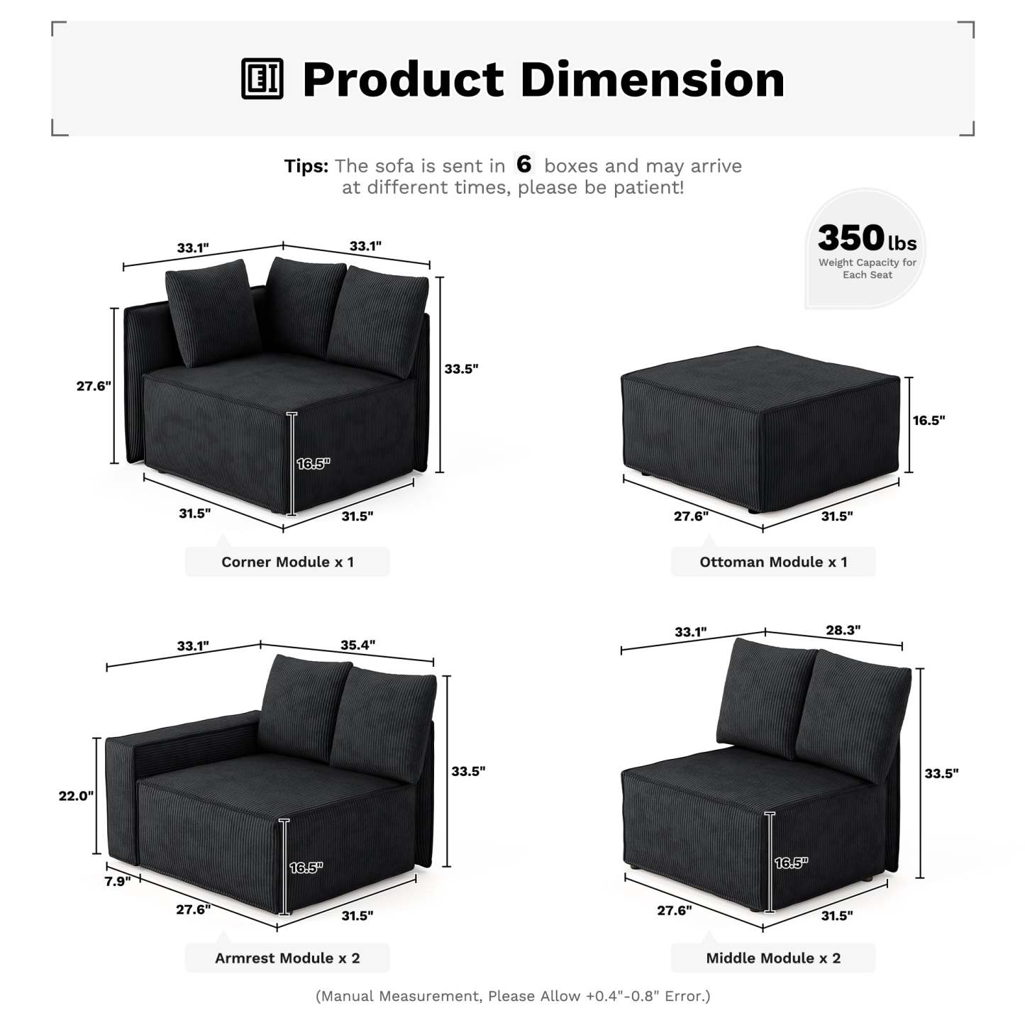 Living Room Modular Couch 6-Pieces Set, Wide Armrests