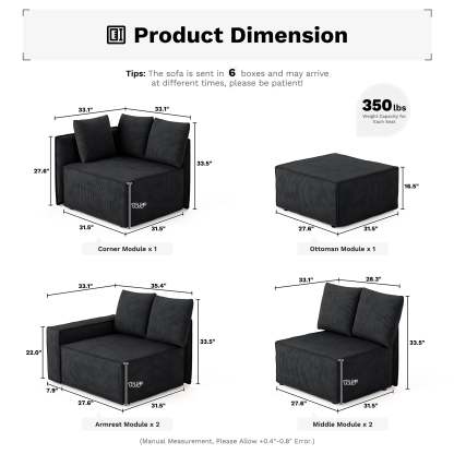 Living Room Modular Couch 6-Pieces Set, Wide Armrests