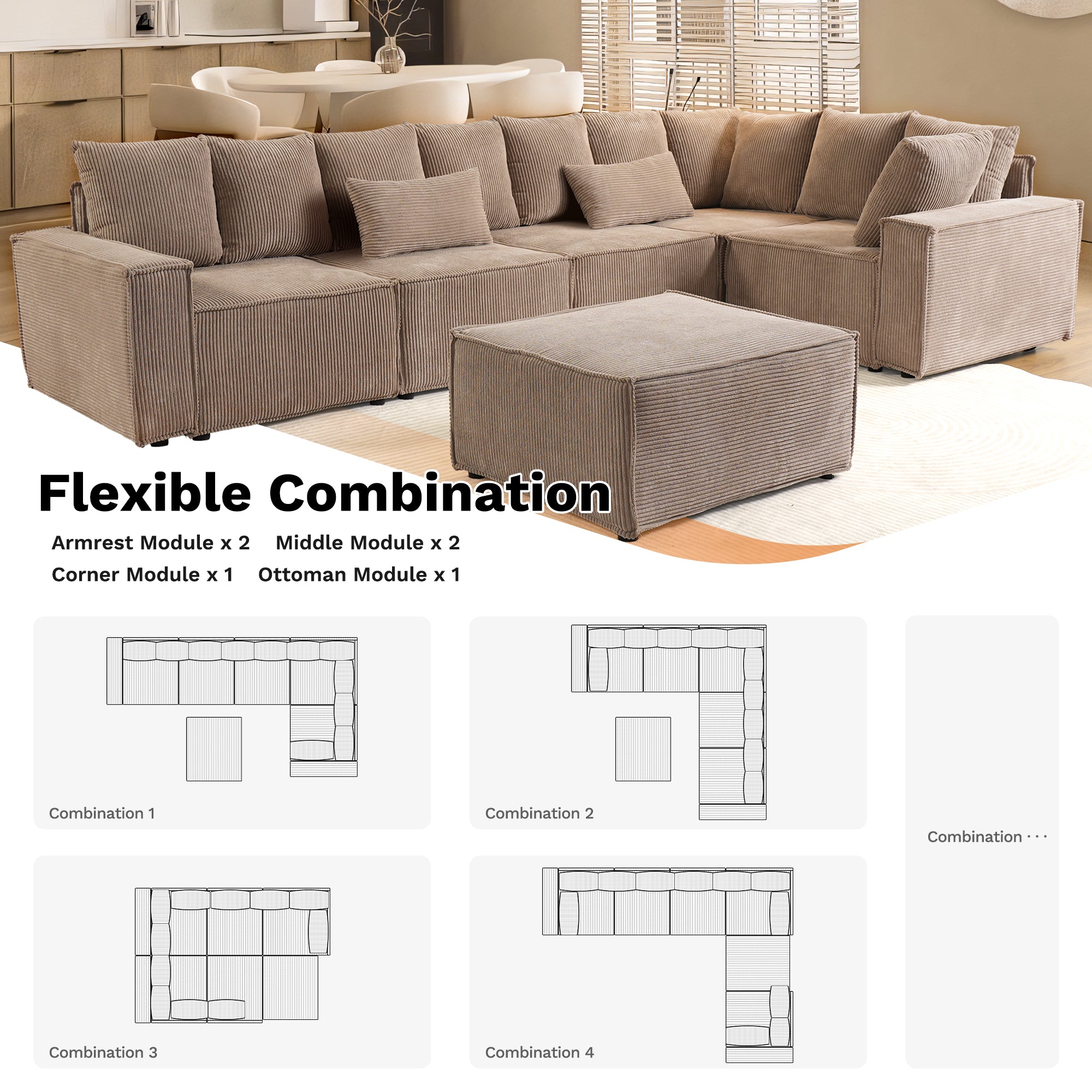Living Room Modular Couch 6-Pieces Set, Wide Armrests