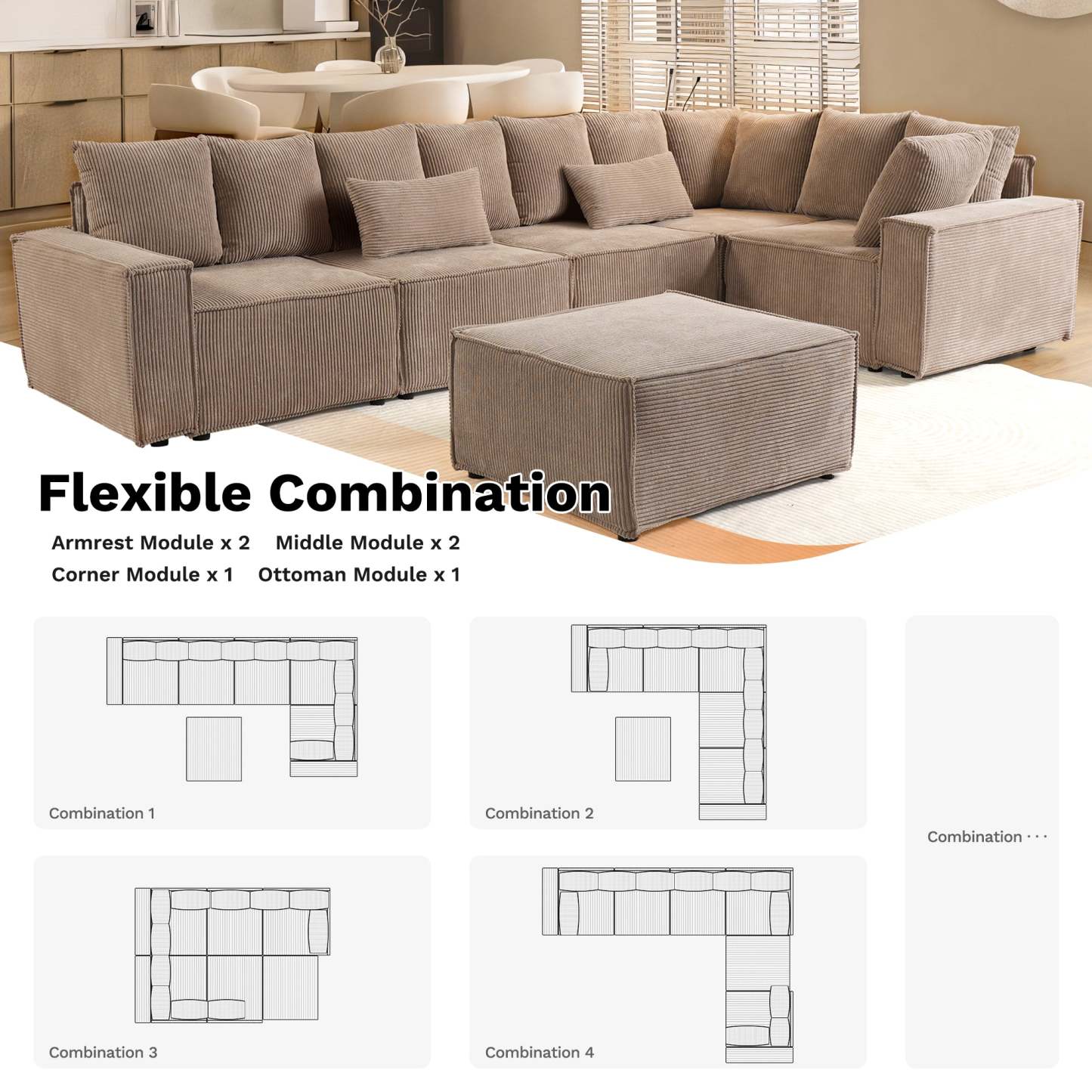 Living Room Modular Couch 6-Pieces Set, Wide Armrests