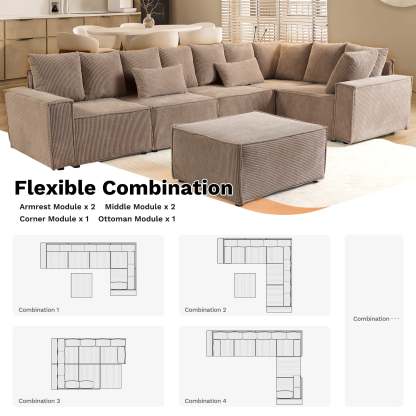 Living Room Modular Couch 6-Pieces Set, Wide Armrests