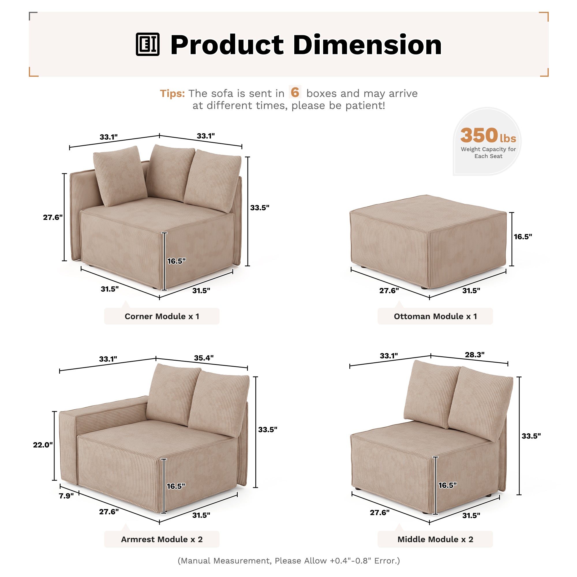 Living Room Modular Couch 6-Pieces Set, Wide Armrests