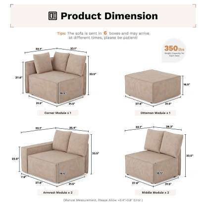 Living Room Modular Couch 6-Pieces Set, Wide Armrests
