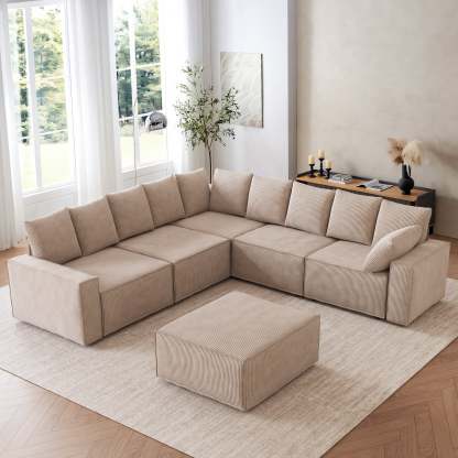 Living Room Modular Couch 6-Pieces Set, Wide Armrests
