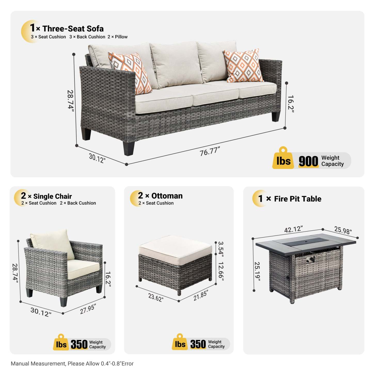 Patio Conversation Set 6-Piece with Rectangle 42'' Fire Pit Table and Vultros Set