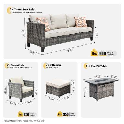Patio Conversation Set 6-Piece with Rectangle 42'' Fire Pit Table and Vultros Set