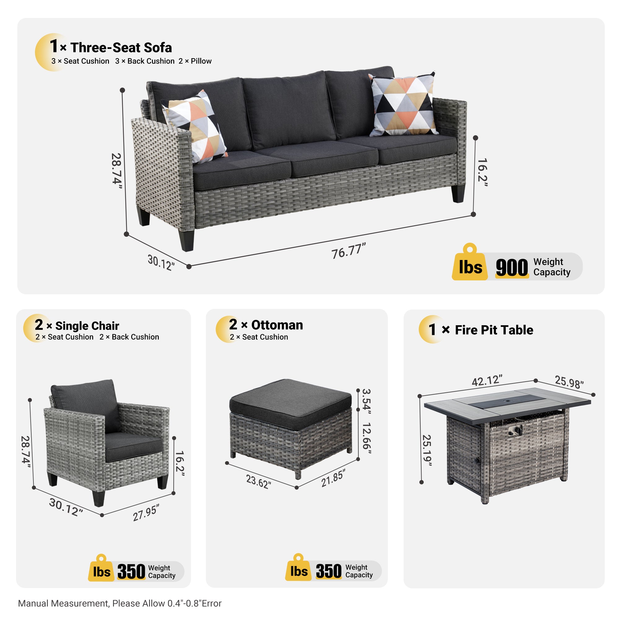 Patio Conversation Set 6-Piece with Rectangle 42'' Fire Pit Table and Vultros Set