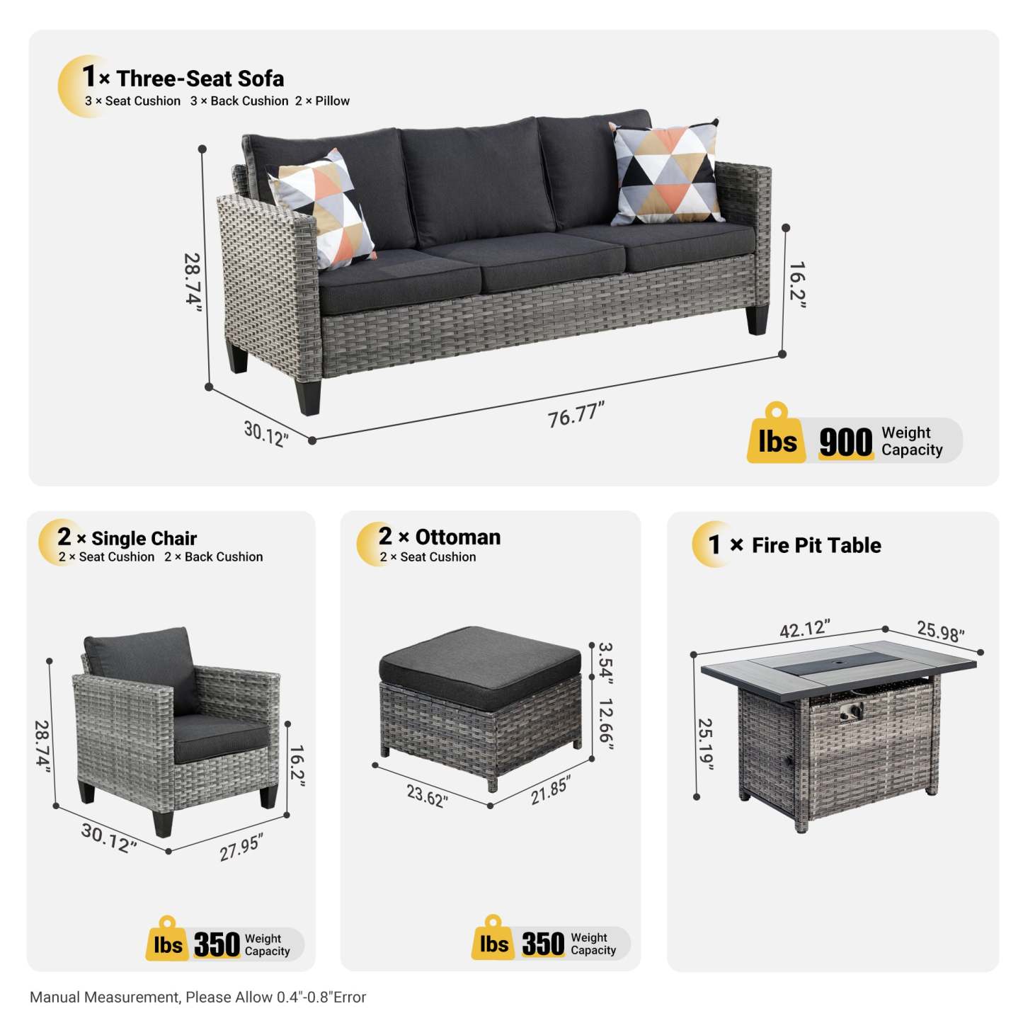 Patio Conversation Set 6-Piece with Rectangle 42'' Fire Pit Table and Vultros Set