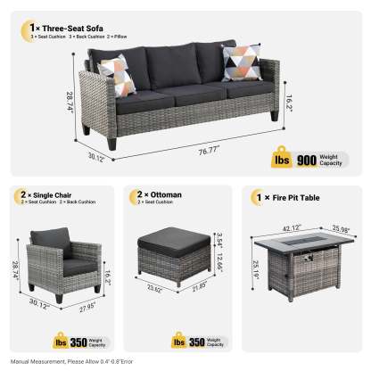 Patio Conversation Set 6-Piece with Rectangle 42'' Fire Pit Table and Vultros Set