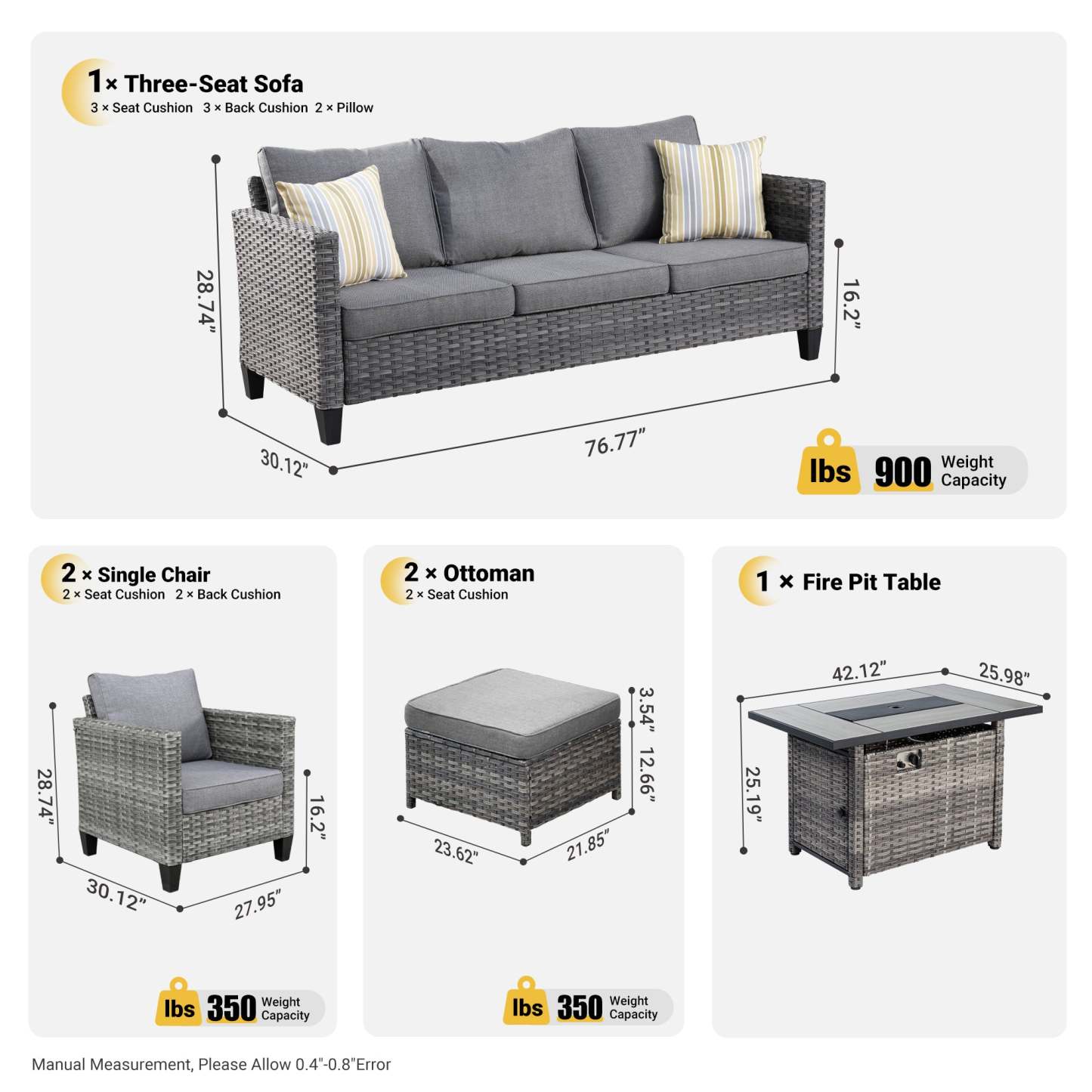 Patio Conversation Set 6-Piece with Rectangle 42'' Fire Pit Table and Vultros Set