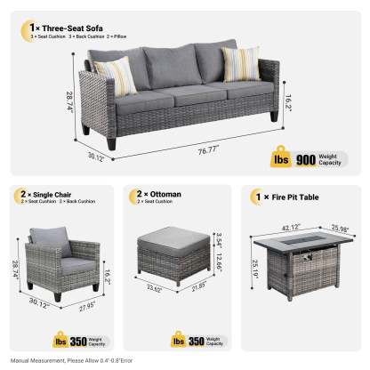 Patio Conversation Set 6-Piece with Rectangle 42'' Fire Pit Table and Vultros Set