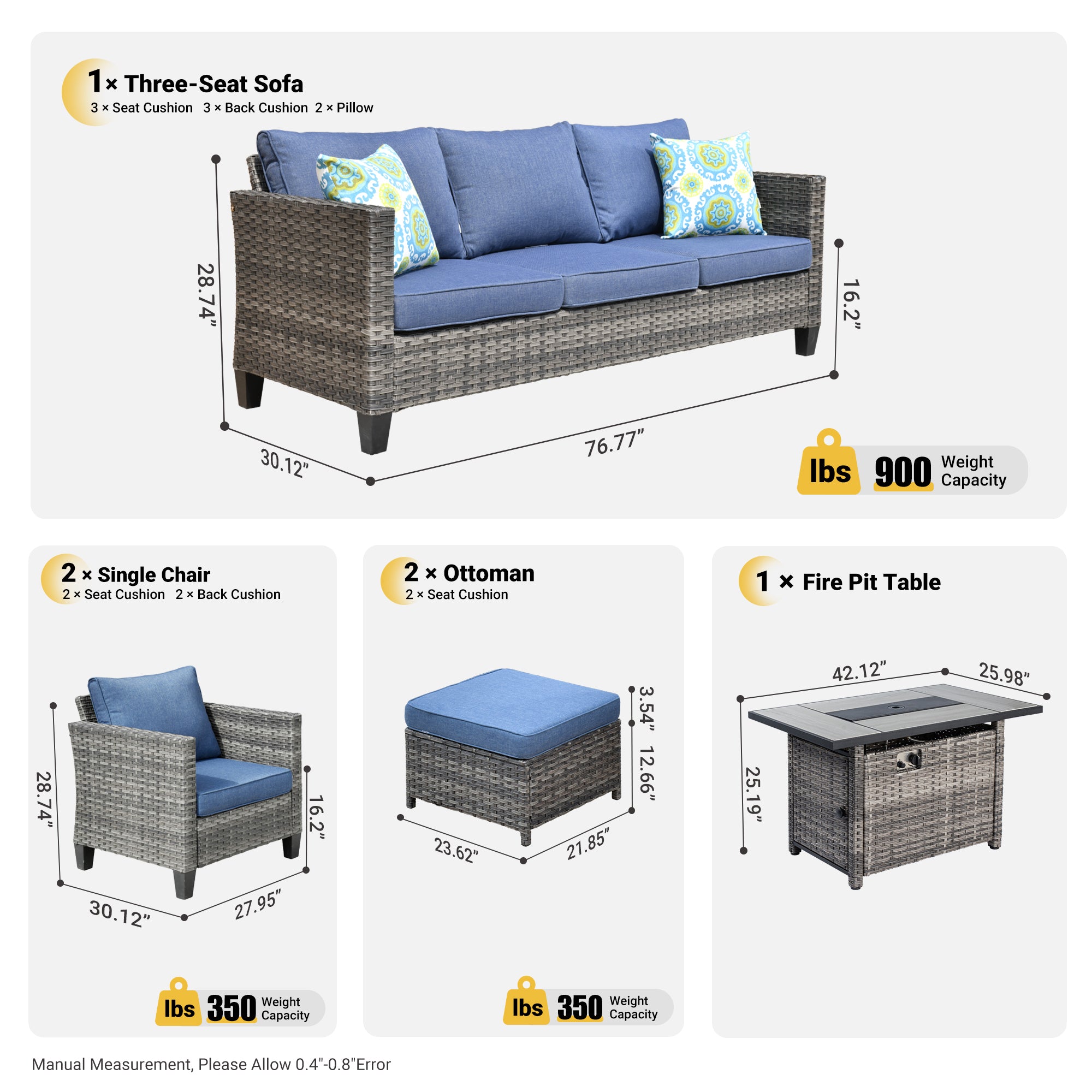 Patio Conversation Set 6-Piece with Rectangle 42'' Fire Pit Table and Vultros Set