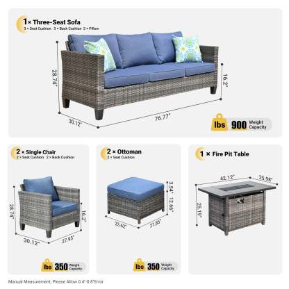 Patio Conversation Set 6-Piece with Rectangle 42'' Fire Pit Table and Vultros Set