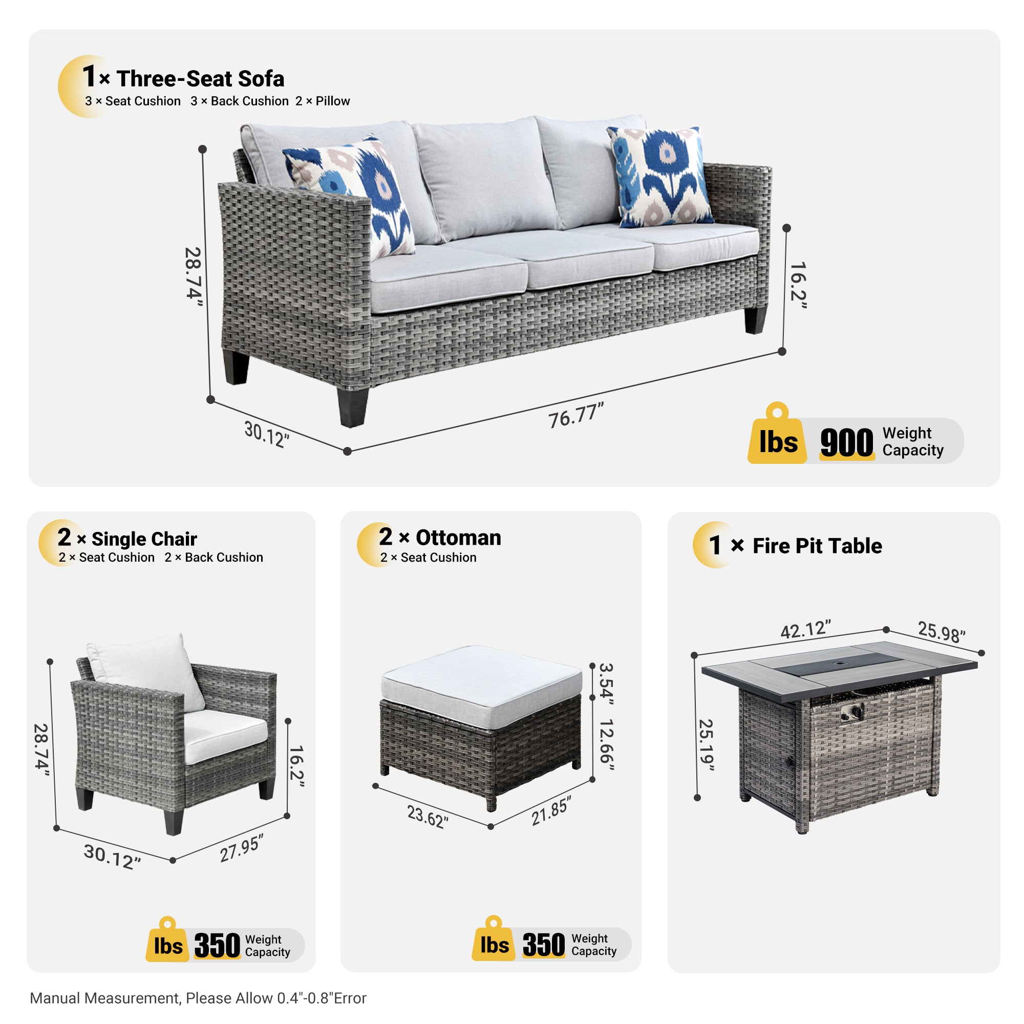 Patio Conversation Set 6-Piece with Rectangle 42'' Fire Pit Table and Vultros Set