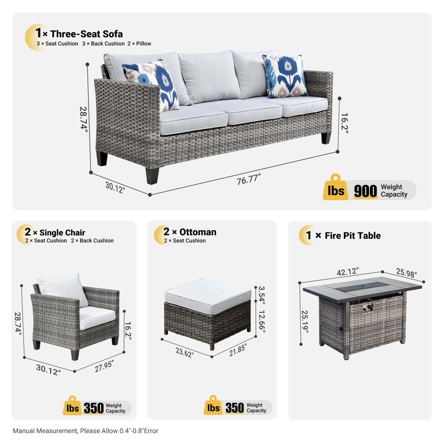 Patio Conversation Set 6-Piece with Rectangle 42'' Fire Pit Table and Vultros Set