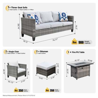 Patio Conversation Set 6-Piece with Rectangle 42'' Fire Pit Table and Vultros Set