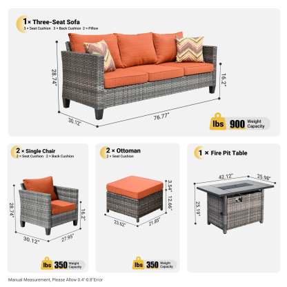 Patio Conversation Set 6-Piece with Rectangle 42'' Fire Pit Table and Vultros Set