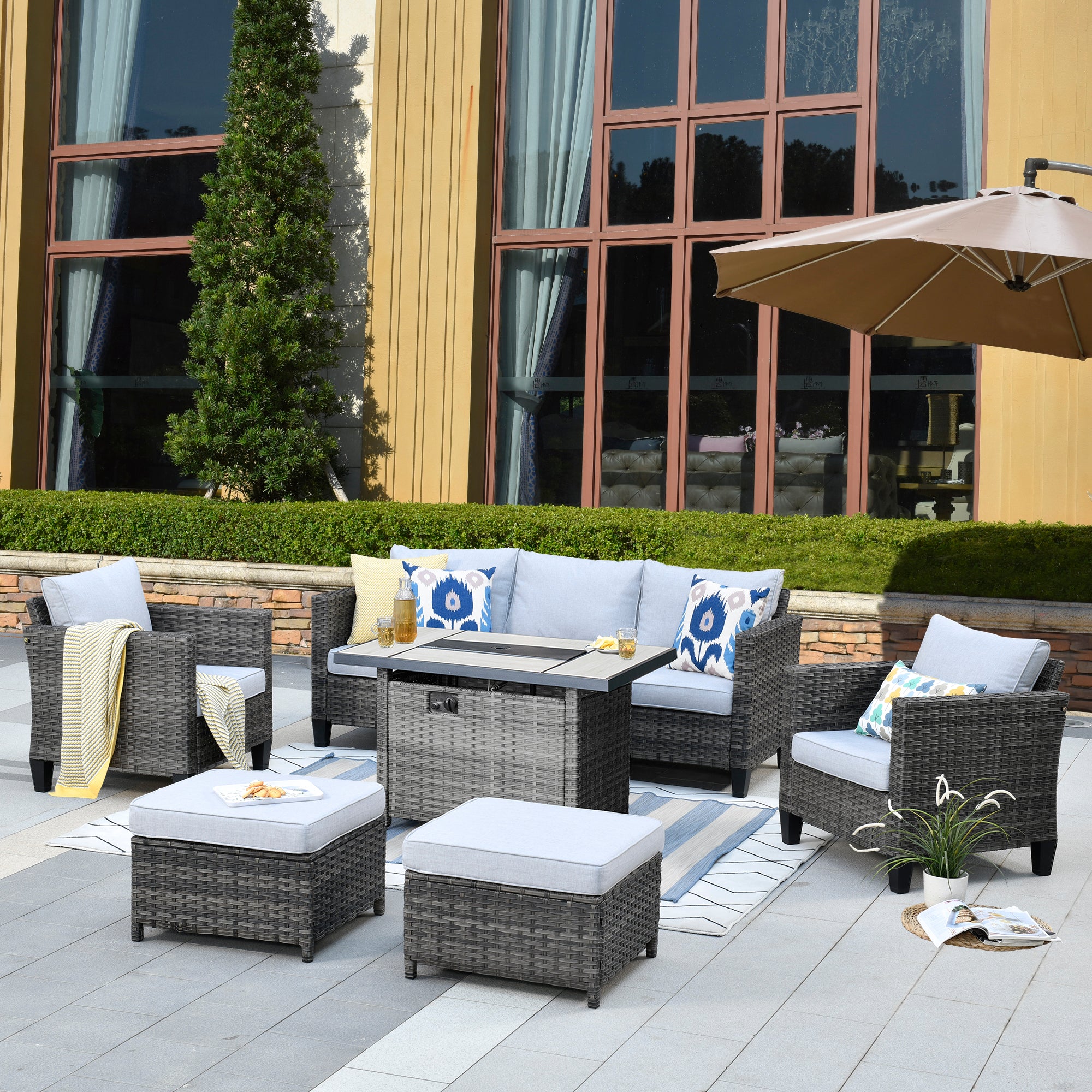 Patio Conversation Set 6-Piece with Rectangle 42'' Fire Pit Table and Vultros Set