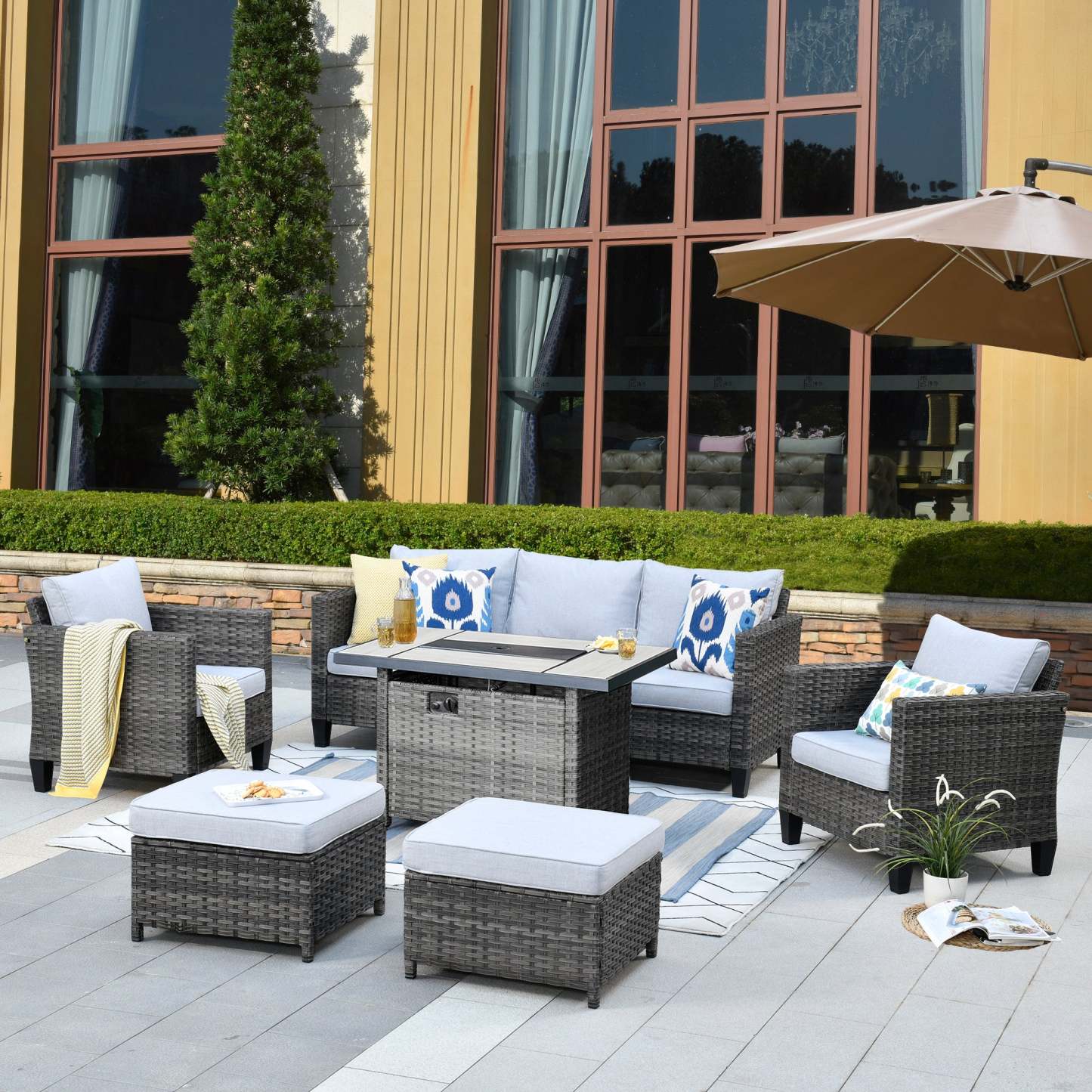 Patio Conversation Set 6-Piece with Rectangle 42'' Fire Pit Table and Vultros Set