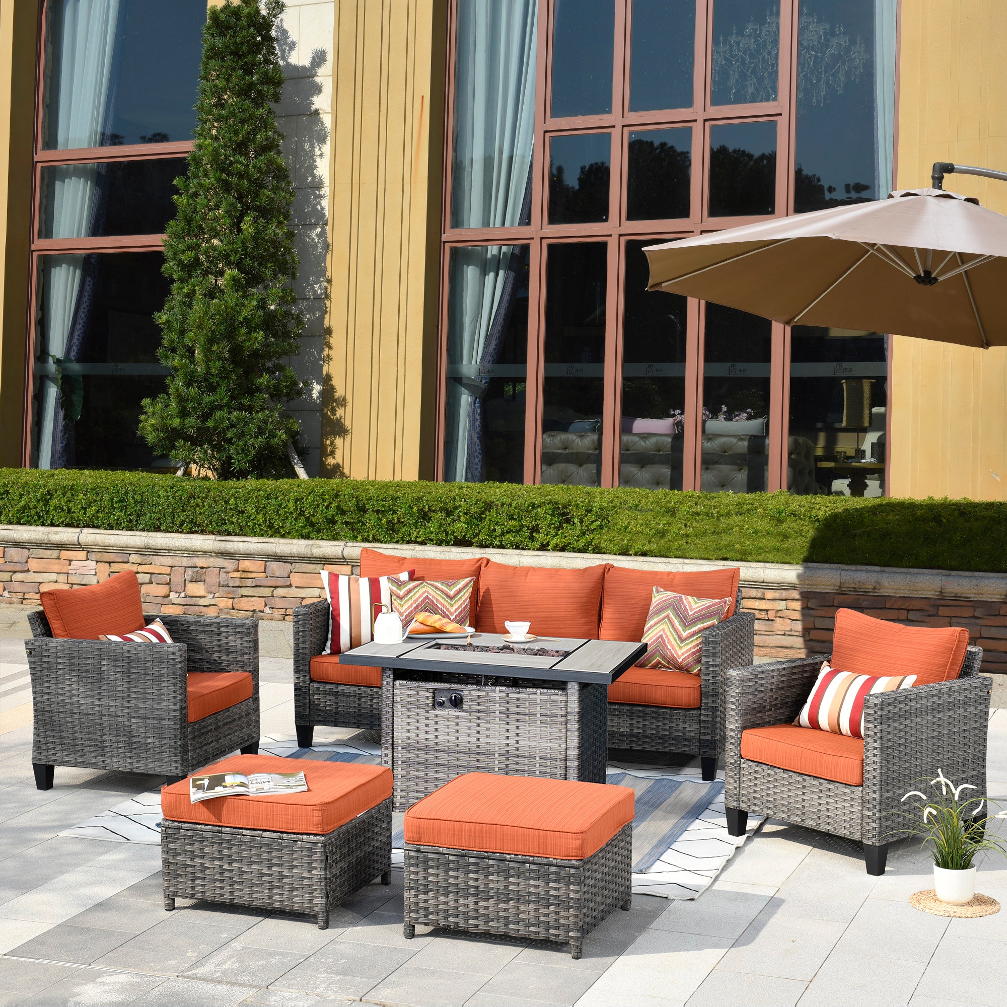 Patio Conversation Set 6-Piece with Rectangle 42'' Fire Pit Table and Vultros Set