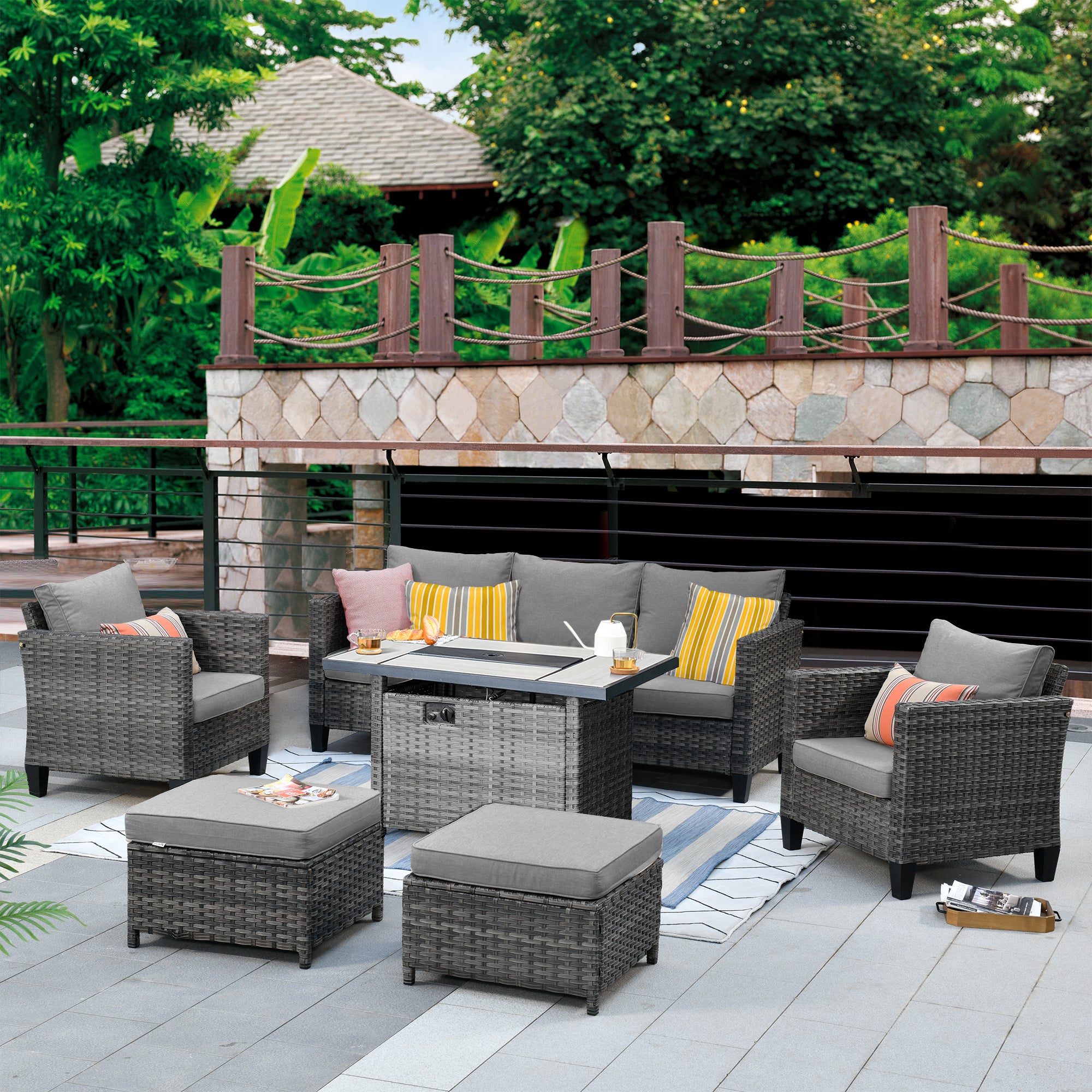 Patio Conversation Set 6-Piece with Rectangle 42'' Fire Pit Table and Vultros Set