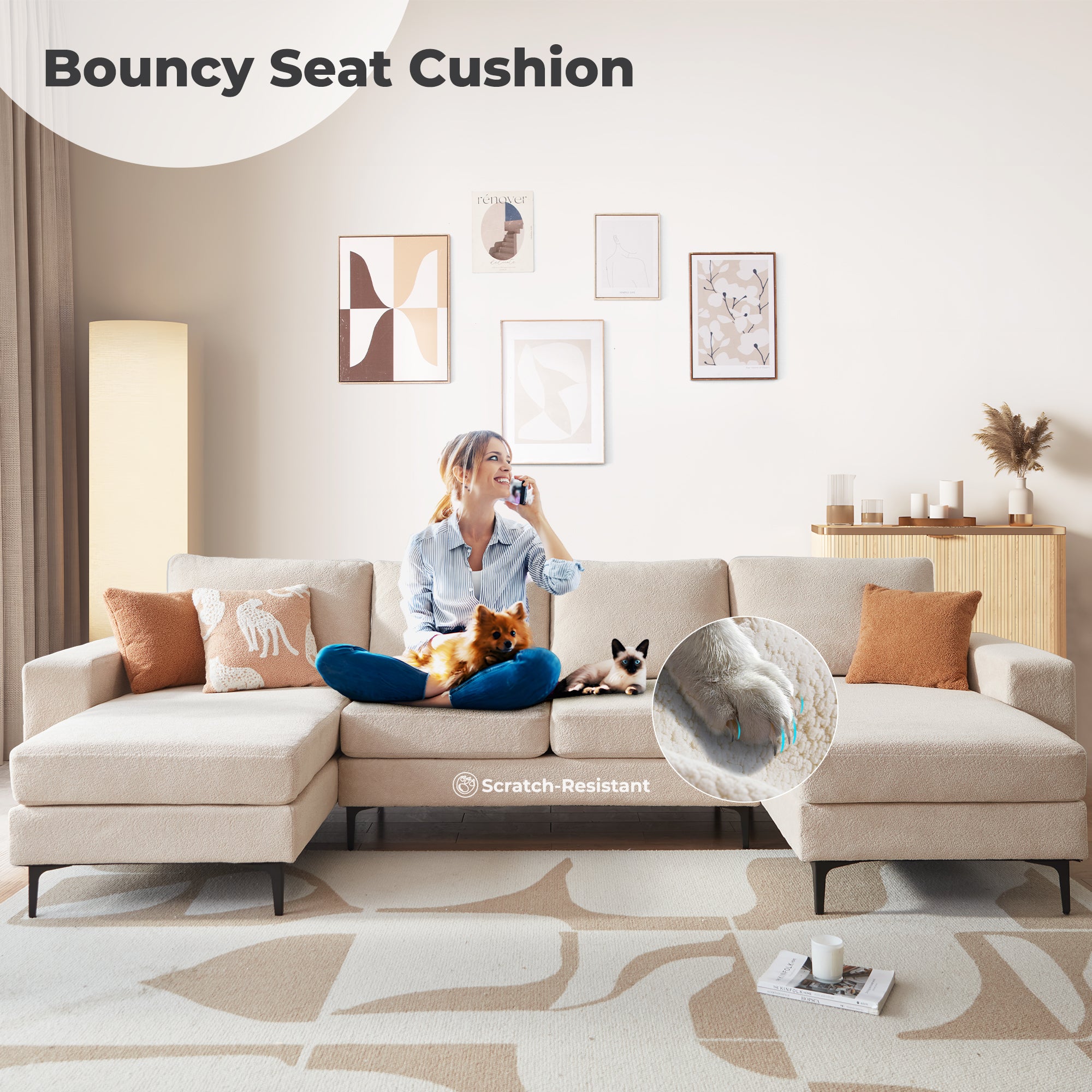 126" Elegant Cloud Velvet U-Shaped Sofa with Double Chaise