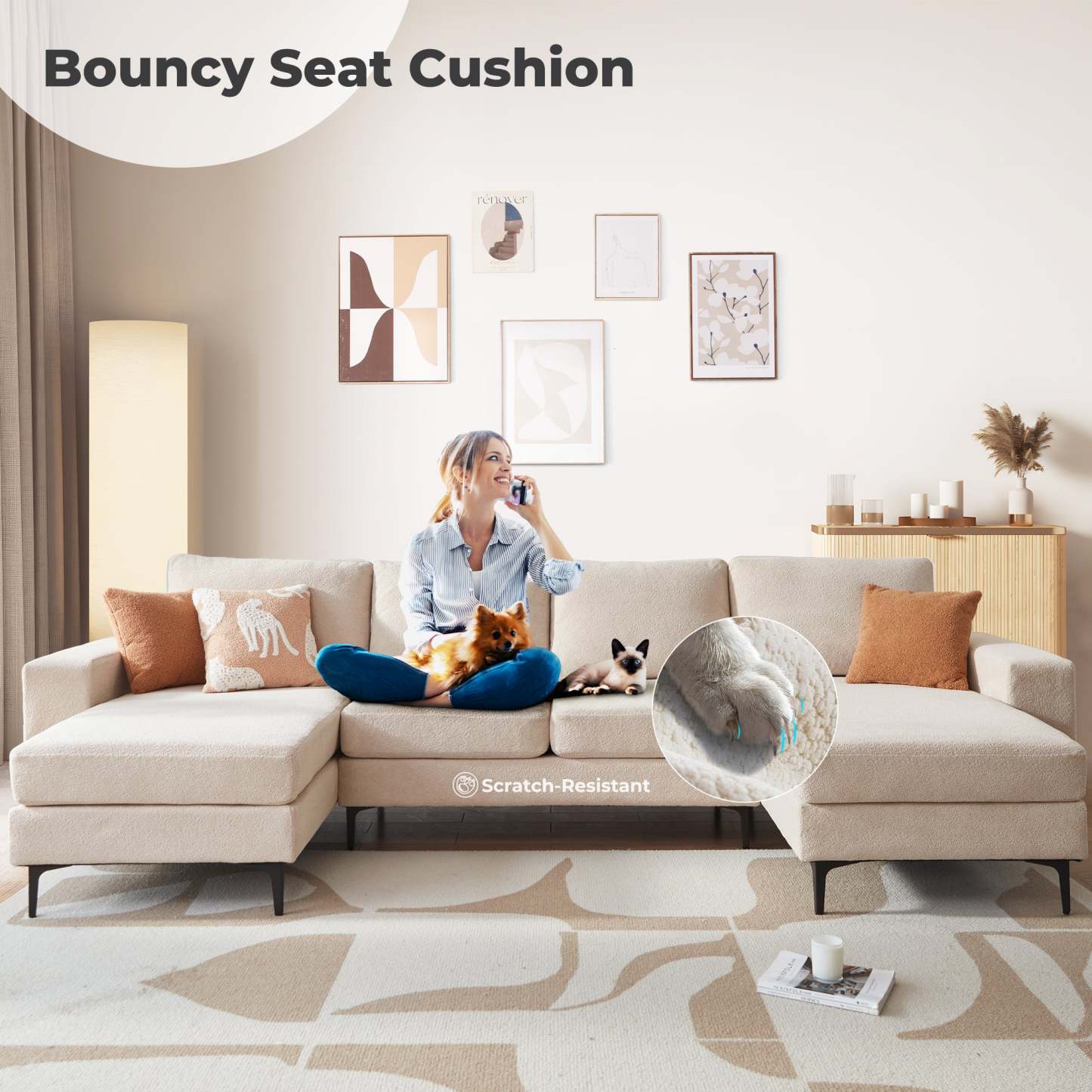 126" Elegant Cloud Velvet U-Shaped Sofa with Double Chaise